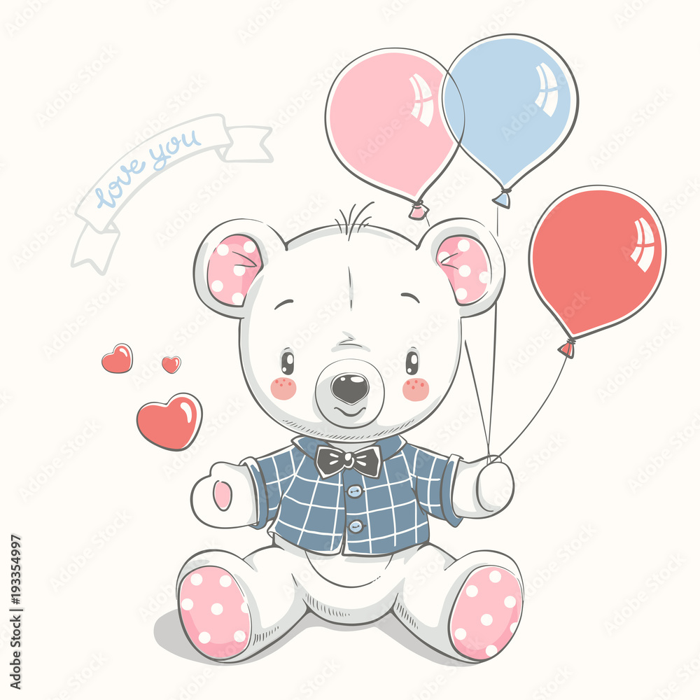 Obraz premium Ładny mały miś z balonów kreskówka ręcznie rysowane ilustracji wektorowych. Może być stosowany do nadruku na koszulce dziecięcej, projektowania modowego nadruku, odzieży dziecięcej, uroczystości baby shower, karty okolicznościowej i zaproszenia.