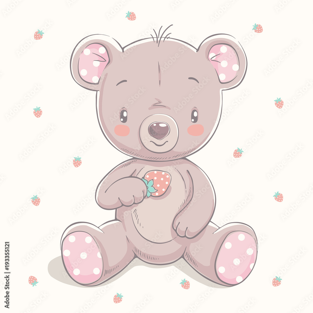 Obraz premium Ładny mały miś z truskawką kreskówka ręcznie rysowane ilustracji wektorowych. Może być stosowany do nadruku na koszulce dziecięcej, projektowania modowego nadruku, odzieży dziecięcej, uroczystości baby shower, karty okolicznościowej i zaproszenia.