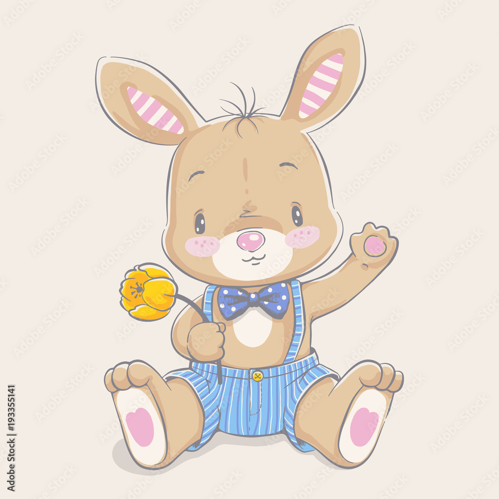 Cute little bunny with a flower cartoon hand drawn vector illustration. Can be used for baby t-shirt print, fashion print design, kids wear, baby shower celebration, greeting and invitation card. Cute little bunny with a flower cartoon hand drawn vector illustration. Can be used for baby t-shirt print, fashion print design, kids wear, baby shower celebration, greeting and invitation card.