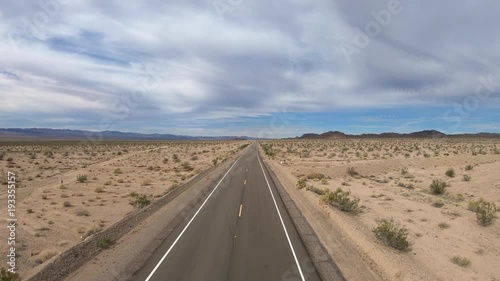 Aerial view of Route 66 pavement sign in the vast California Mojave desert.