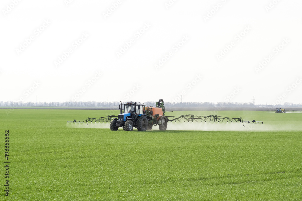 Tractor with high wheels is making fertilizer on young wheat. The use of finely dispersed spray chemicals. Tractor with a spray device for finely dispersed fertilizer. Tractor with high wheels is making fertilizer on young wheat. The use of finely dispersed spray chemicals. Tractor with a spray device for finely dispersed fertilizer.