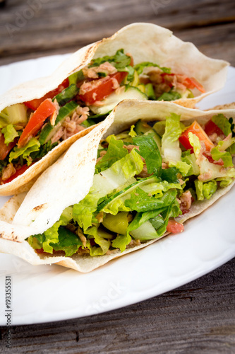 tuna salad pita sandwich closeup dish