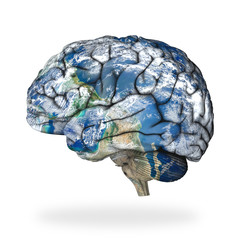 Human brain shaped like a planet Earth globe with world map isolated on white background