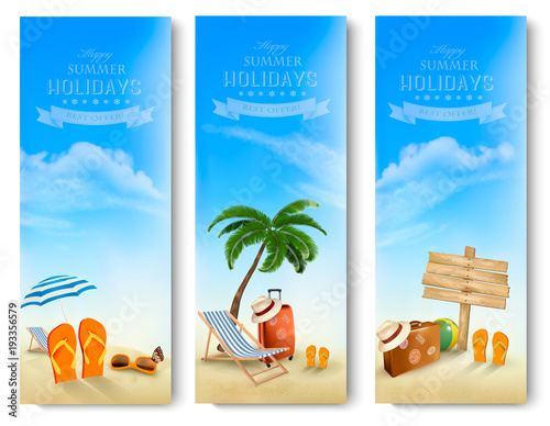 Tropical seaside with palms, a beach chair and a suitcase. Vacation bnners. Vector.