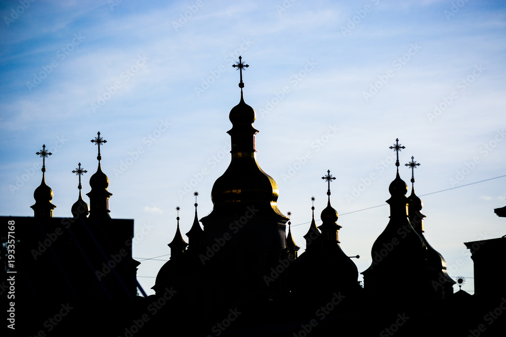 11th century Saint Sophia Cathedral silhouette at sunset in Kyiv, Ukraine