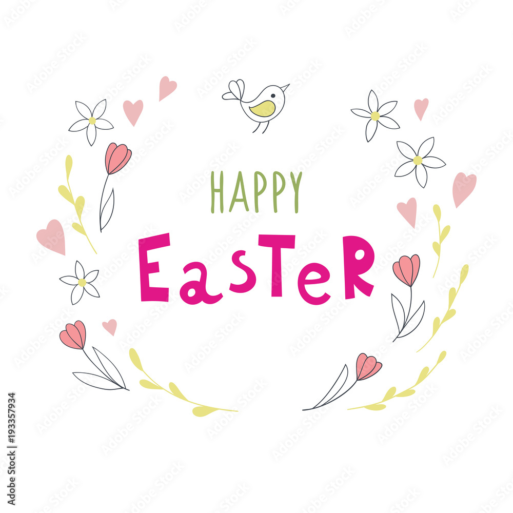 Easter background with handwriting inscription Happy Easter. Vector illustration.