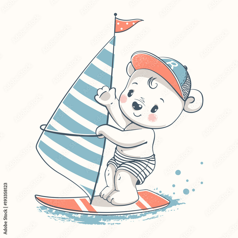 Obraz premium Cute baby bear windsurfing kreskówka ręcznie rysowane ilustracji wektorowych. Może być stosowany do nadruku na koszulce dla dzieci, projektowania modowego nadruku, odzieży dziecięcej, powitania z okazji urodzin baby shower i karty z zaproszeniem.