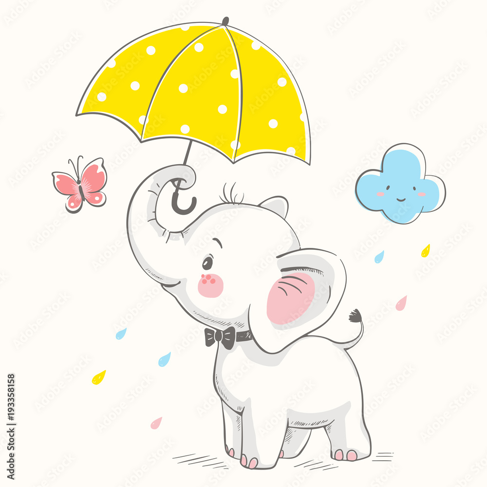 Naklejka premium Słodki słoń z parasolem kreskówka ręcznie rysowane ilustracji wektorowych. Może być stosowany do nadruku na koszulce dla dzieci, projektowania modowego nadruku, odzieży dziecięcej, powitania z okazji urodzin baby shower i karty z zaproszeniem.