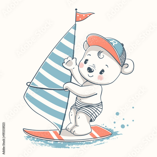 Cute baby bear windsurfer cartoon hand drawn vector illustration. Can be used for baby t-shirt print, fashion print design, kids wear, baby shower celebration greeting and invitation card.