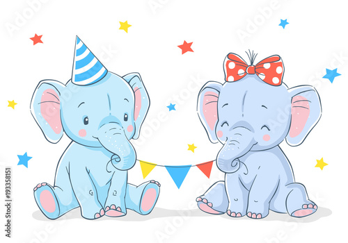 Cute elephants girl and boy cartoon hand drawn vector illustration. Can be used for baby t-shirt print, fashion print design, kids wear, baby shower celebration, greeting and invitation card.