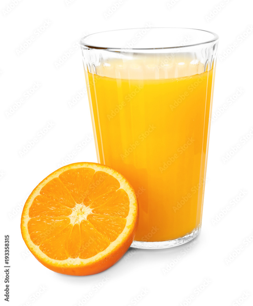 Glass of fresh orange juice with slice on white background Glass of fresh orange juice with slice on white background