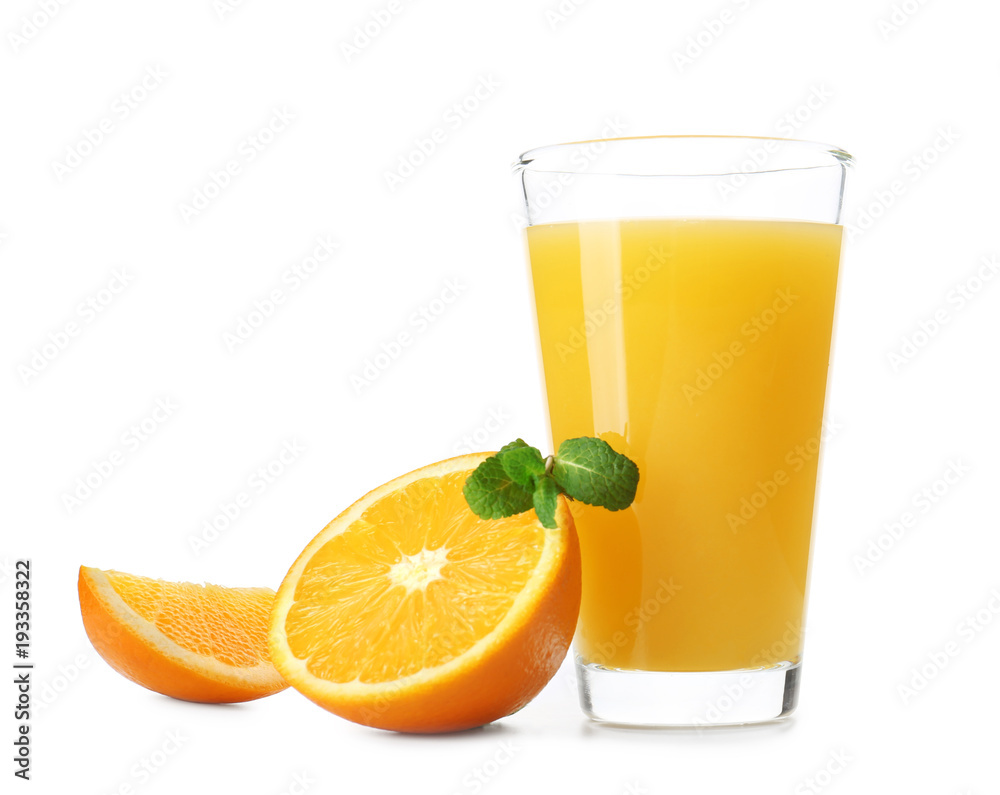 Glass of fresh orange juice with fruit slices on white background Glass of fresh orange juice with fruit slices on white background