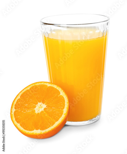 Glass of fresh orange juice with slice on white background