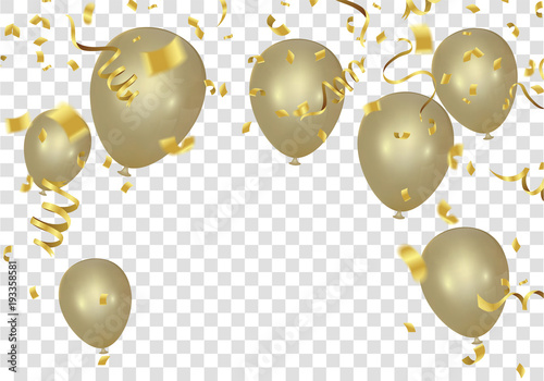 Gold balloons and confetti  party banner with and serpentine