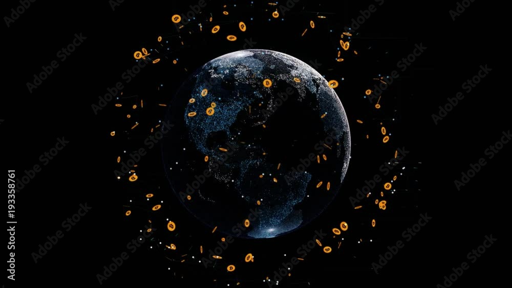 Animation of abstract dotted earth globe with bitcoin cryptocurrency sign. Design element for banner, news posts, social media decoration. Financial or social abstract background animation High