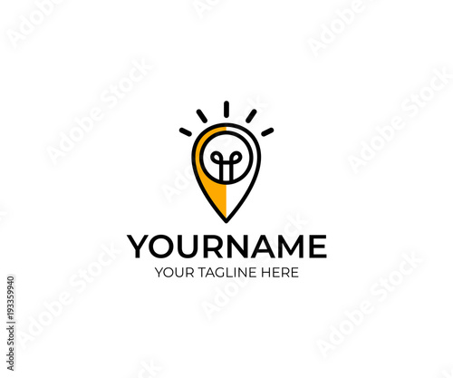 Place marker and lightbulb logo template. Point and pin with idea bulb vector design. Pointer and spot  with light illustration