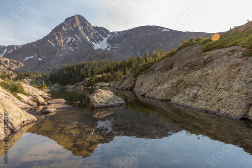 Reflections of Mt of the Holy Cross in the Holy Cross Wilderness, Colorado, USA.