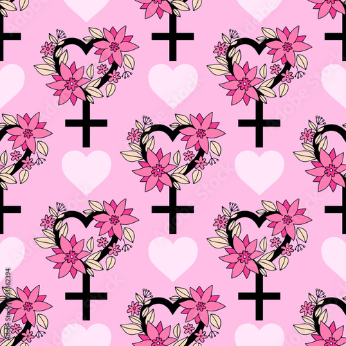 Seamless pattern with feminism symbol with floral ornament. Lovely vector illustration.