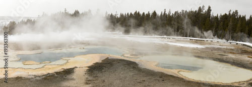 Panorama of hot springs in Upper Geyser Basin, Yellowstone National Park