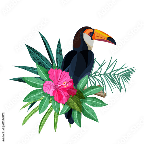 Bird toucan on branch with green tropical palm leaves and hibiscus flower. Ve...