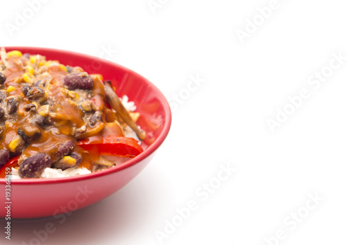 A Fajita Bowl of Rice, Beans, Peppers and Salsa on a White Background