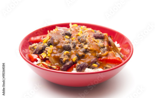A Fajita Bowl of Rice, Beans, Peppers and Salsa on a White Background