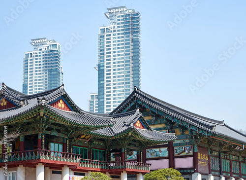 Traditional architecture inside Bongeunsa temple, South Korea.