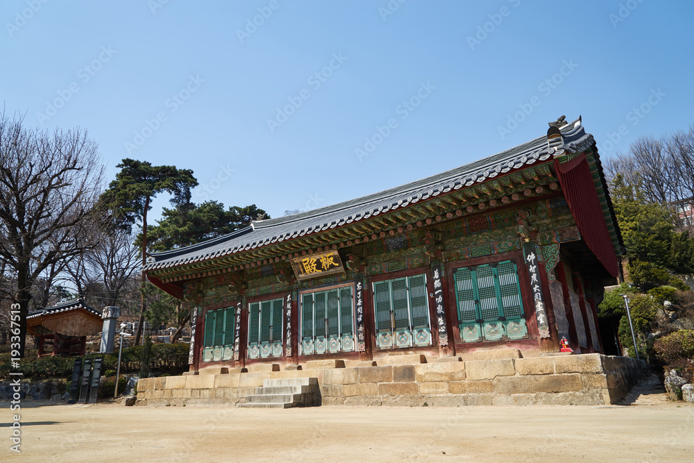 Traditional architecture inside Bongeunsa temple, South Korea.