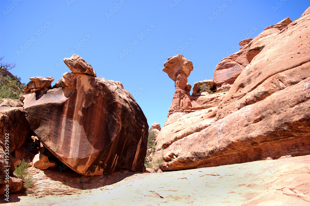 Red rock formations in canyon country in the desert of Southern Utah.