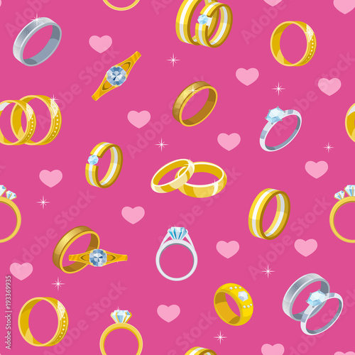 Wedding rings vector engagement symbol gold silver jewellery for proposal marriage wed sign will you marry me bridal illustration set seamless pattern background