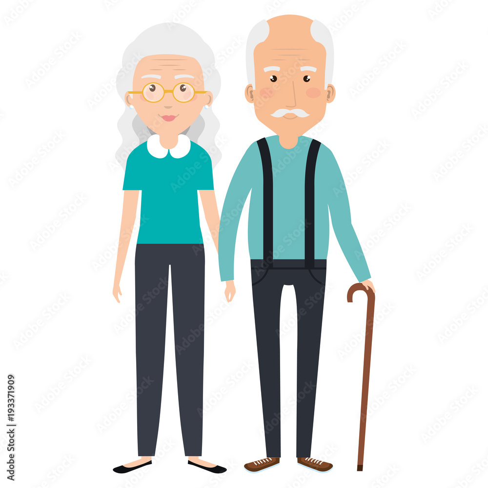 cute grandparents couple with cane avatar character vector illustration design