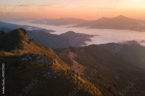 morning mountain view with sunbeam and haze at Doi Pha Tang chiang rai thailand