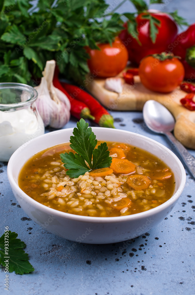 Traditional spicy soup with rice