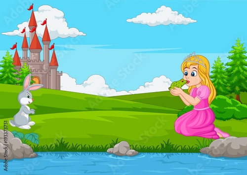 Cartoon a princess kissing a green frog