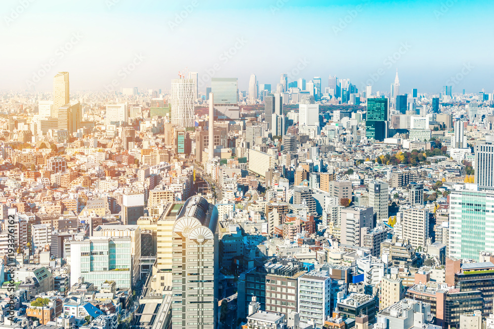 Fototapeta premium Asia Business concept for real estate and corporate construction - panoramic modern city skyline aerial view of Shinjuku area under blue sky in Tokyo, Japan