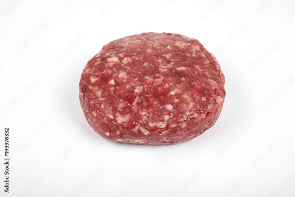 Raw fresh large beef burger or cutlets isolated on white background Raw fresh large beef burger or cutlets isolated on white background