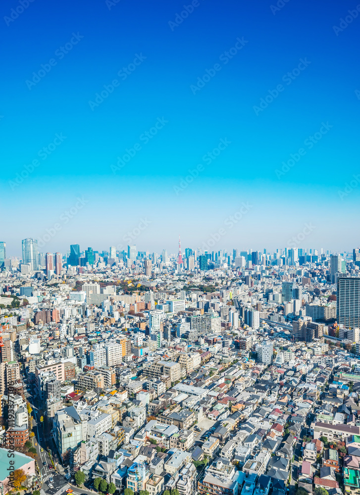 Asia Business concept for real estate and corporate construction - panoramic modern city skyline aerial view of tokyo under blue sky in Tokyo, Japan