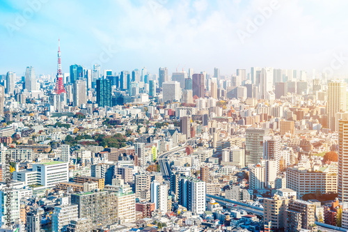 Asia Business concept for real estate and corporate construction - panoramic modern city skyline aerial view of tokyo under blue sky in Tokyo  Japan