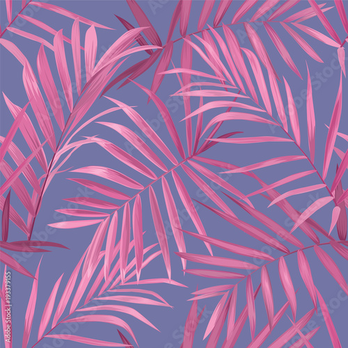 Tropical seamless pattern with pink palm leaves on purple background. Vector set of exotic tropical garden for wedding invitations  greeting card and fashion design.
