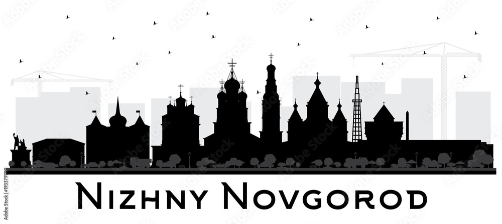 Obraz premium Nizhny Novgorod Russia City Skyline Silhouette with Black Buildings Isolated on White Background.