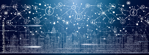Smart City with Neon Buildings, Networks and Internet of Things Icons.