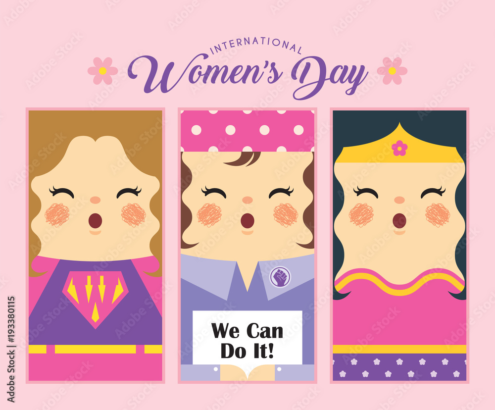 8 march. International Women's Day template design. Cute cartoon ...