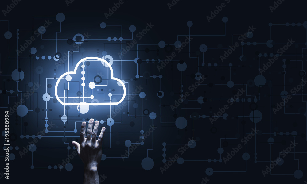 Technology idea concept with glowing cloud icon and touching it finger Technology idea concept with glowing cloud icon and touching it finger