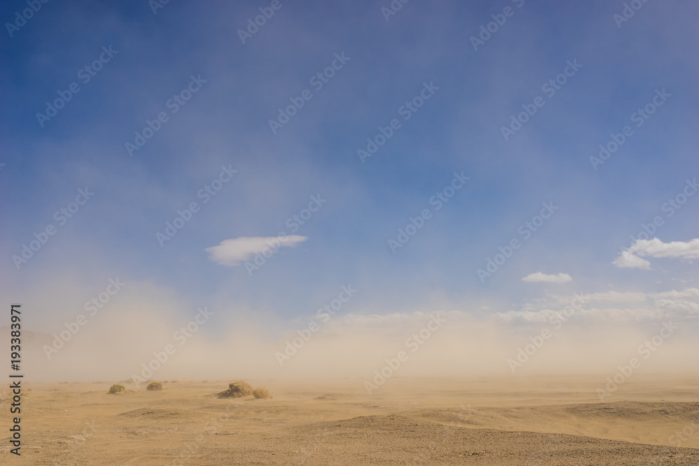 Wide sand desert in drought climate covered by a windy sandstorm. - obrazy, fototapety, plakaty 