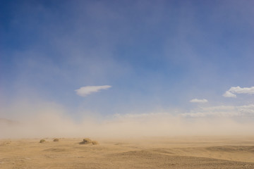Poster Woestijnlandschap Zandstorm boven droge woestijnvlakte  © kenkistler1