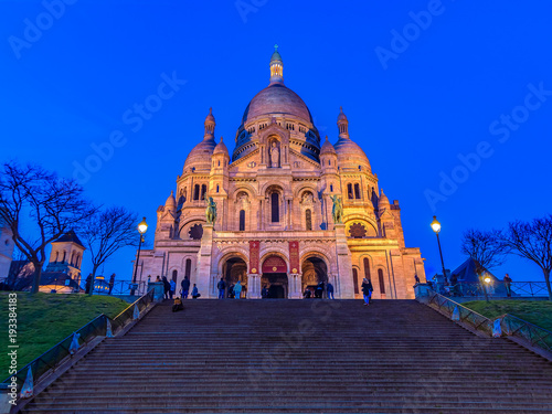 Basilica of Sacre Coeur in Montmartre in Paris France at twilight