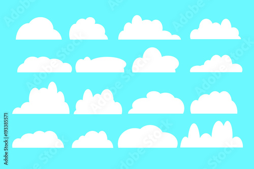 Cloud vector icon set white color on blue background. Sky flat illustration collection for web, art and app design. Different cloudscape weather symbols