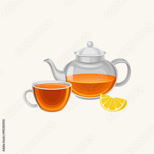 Cartoon glass teapot and cup with fresh brewed tea, slice of sweet lemon. Breakfast concept. Flat vector design for promotional poster or banner