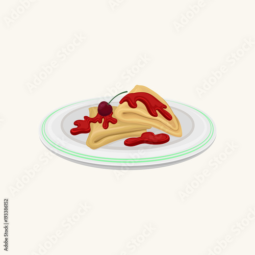 Cartoon illustration of pancakes folded in triangles covered with sweet cherry jam. Breakfast on plate. Sweet and healthy dessert. Flat vector design for cafe menu