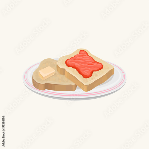Two slices of bread with butter and strawberry jam on plate. Sweet and delicious breakfast. Tasty toasts. Food concept. Cartoon flat vector illustration